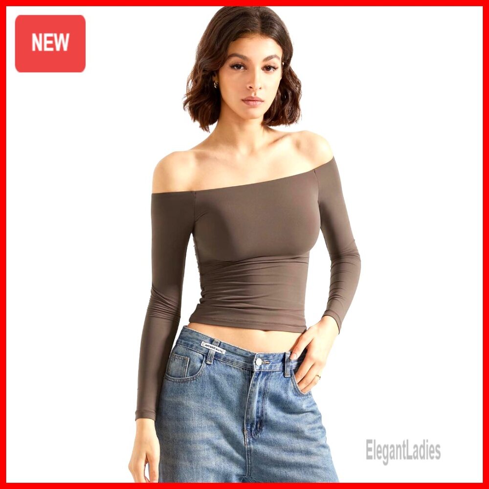 Off Shoulder Long Sleeve T-Shirt Double Lined Stretchy Basic Top